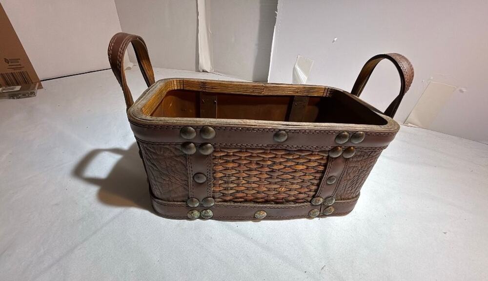 Vintage Wooden Basket with Leather Accents by Burton & Burton